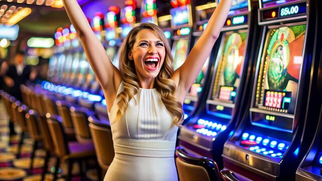 Slot Machine Jackpot Win: A Woman in White,  Arms Raised in Triumph, celebrates a big win on a row of slot machines.  The bright lights and cheerful atmosphere capture the thrill of the casino.
