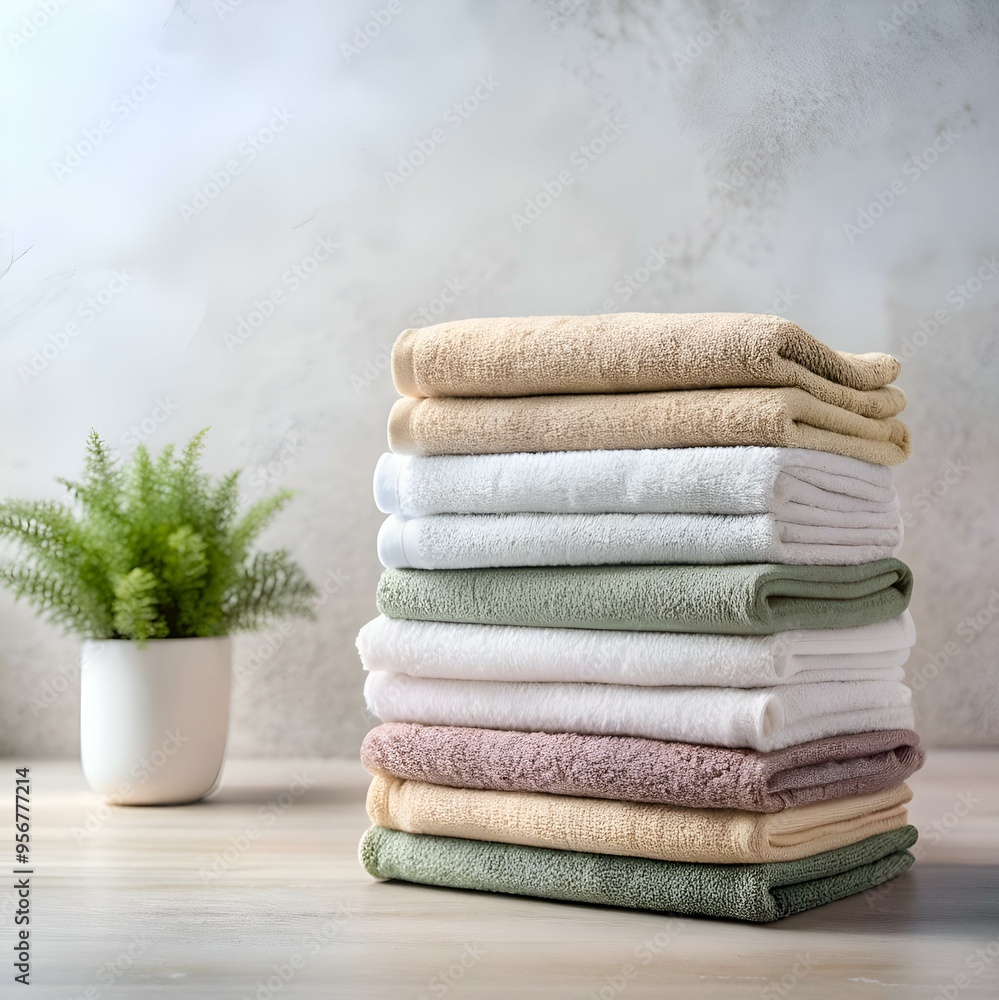 Poster a neat stack of fluffy towels in various colors on a wooden surface. perfect for showcasing cleanlin
