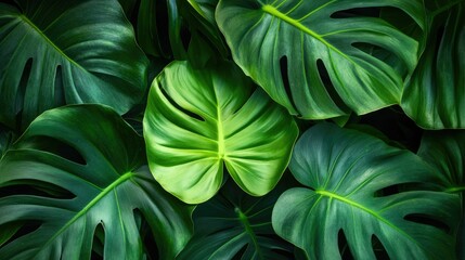 Obraz premium Detailed view of large philodendron leaves with visible texture, emphasizing the plant's natural elegance.