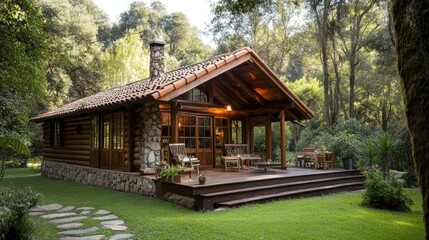 A charming log chalet in the heart of a forest, providing a serene escape with a rustic atmosphere.