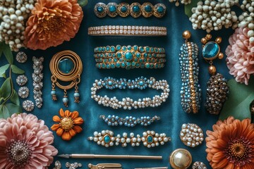 A stylish flat lay of various handmade jewelry pieces. Generative AI