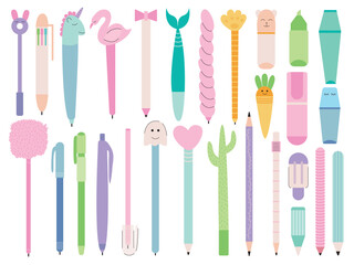 Pens and pencils different shapes flat set. Pens and markers vector big set