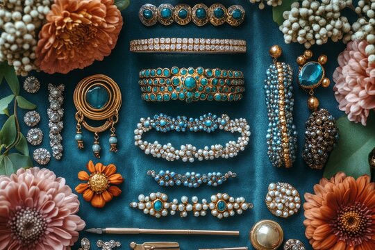 A stylish flat lay of various handmade jewelry pieces. Generative AI