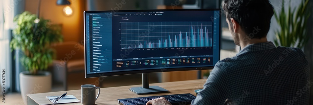 Poster an expert is focused on a large monitor, analyzing data and writing notes at an organized desk with 