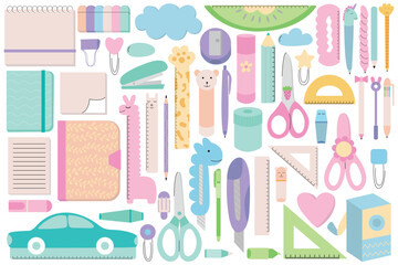 Big set of school supplies flat style.  Cute school stationery kawaii set. Pencils, pens, markers, rulers, eraser, paper clips, sharpener, notes, paper stickers