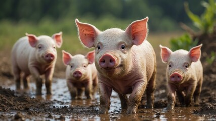 Adorable Piglets Playing in Mud on Idyllic Farm with Blue Sky and Green Forest.