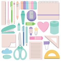Stationery tools vector flat set. Pastel colors tools for school and creativity flat set