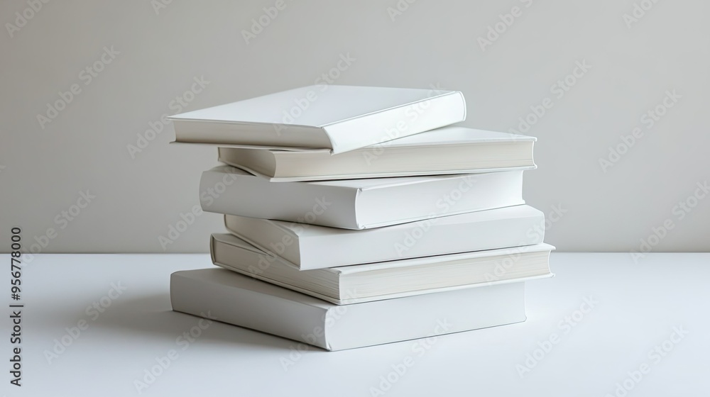 Aufkleber elegant stack of white blank books on a white surface, emphasizing a minimalistic and clean design.