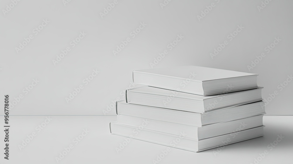 Poster elegant stack of white blank books on a white surface, emphasizing a minimalistic and clean design.