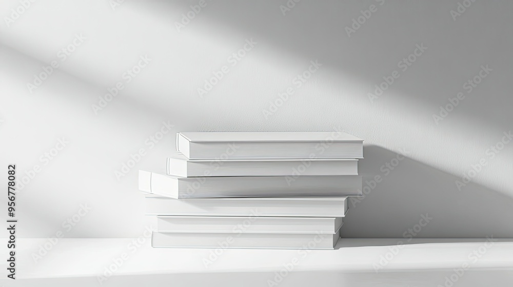 Poster elegant stack of white blank books on a white surface, emphasizing a minimalistic and clean design.
