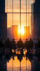 A group of business people in an office meeting room, sitting around the table with large windows overlooking the cityscape at sunset