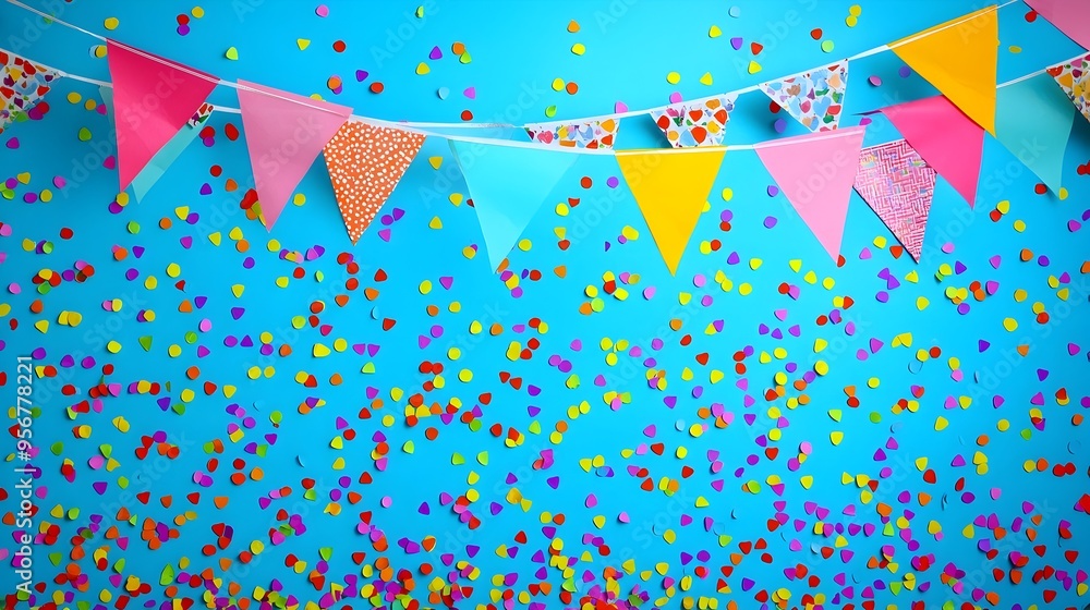 Poster vibrant multicolored triangular flags draped across bright blue backdrop with confetti