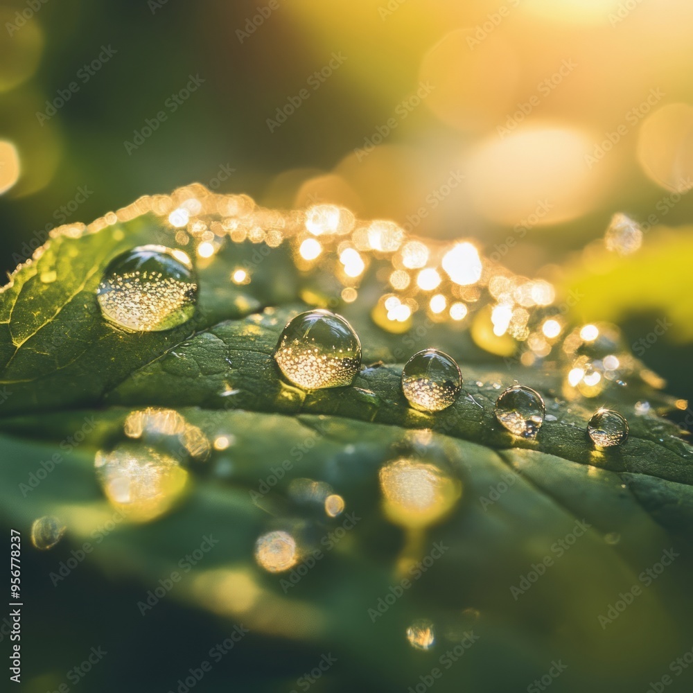 Canvas Prints Dew drops sparkle on a green leaf in warm sunlight.