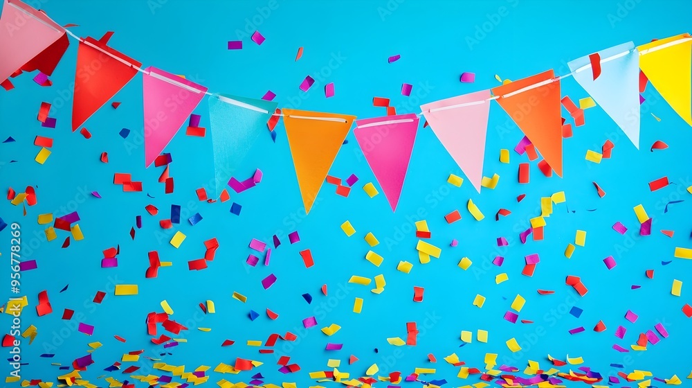 Poster vibrant multicolored triangular flags draped across bright blue backdrop with scattered confetti