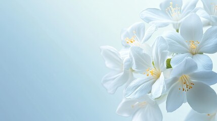 Obraz premium Elegant white jasmine blossoms with ample space for text on a gradient background, perfect for a calm design.