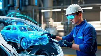 A worker in a factory uses augmented reality technology to inspect a car body. - Powered by Adobe