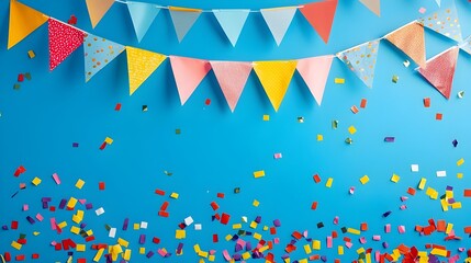 Celebratory Triangular Flags and Confetti on Bold Blue Background
