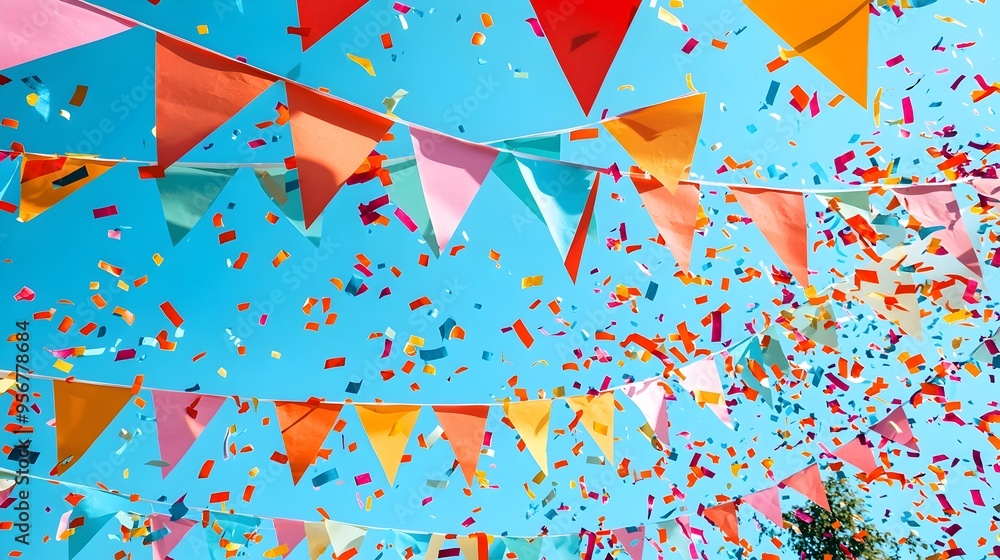 Poster Vibrant Triangular Flags and Confetti Backdrop for Festive