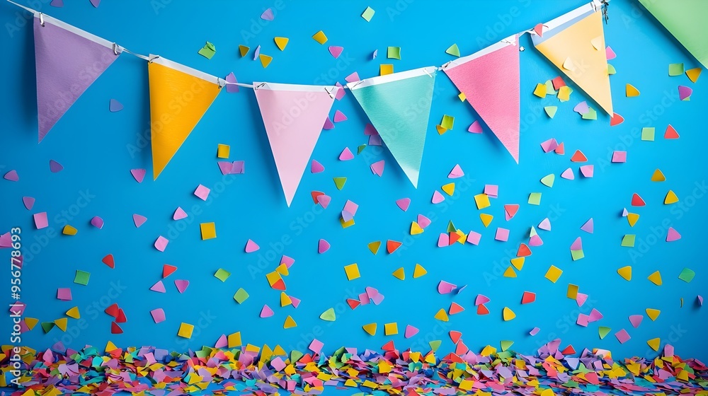 Poster vibrant triangular flags and confetti backdrop