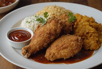Delicious crispy fried Chicken drumsticks, wings with dipping sauces, lemon wedges, and fresh parsley