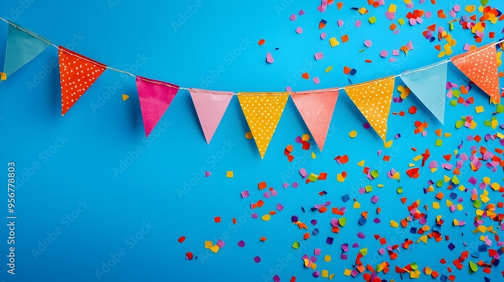 Poster vibrant triangular flags and confetti backdrop