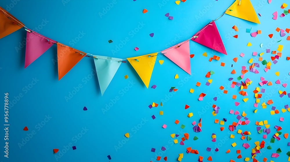 Poster vibrant multicolored triangular flags strung on blue background with scattered confetti for festive