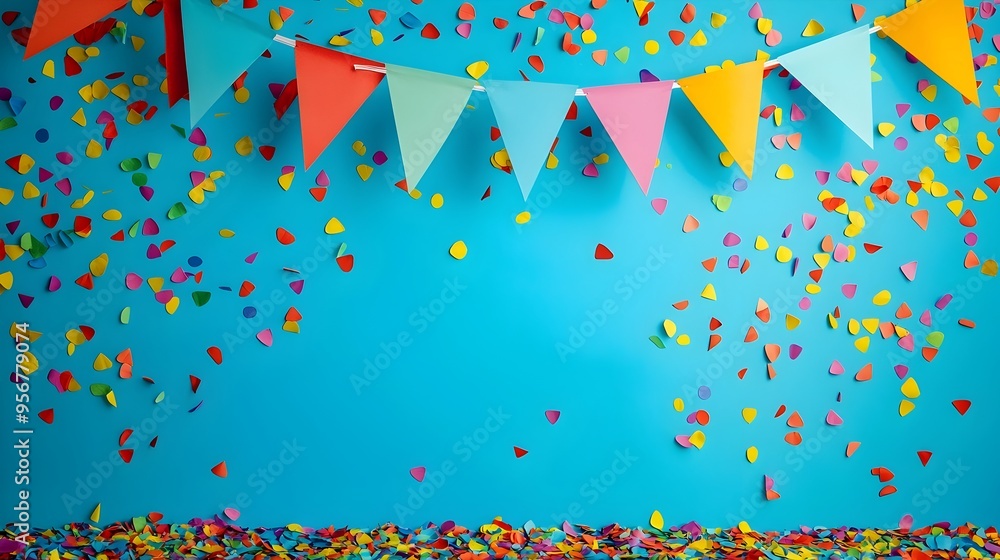 Poster lively with vibrant triangular flags and confetti on blue backdrop