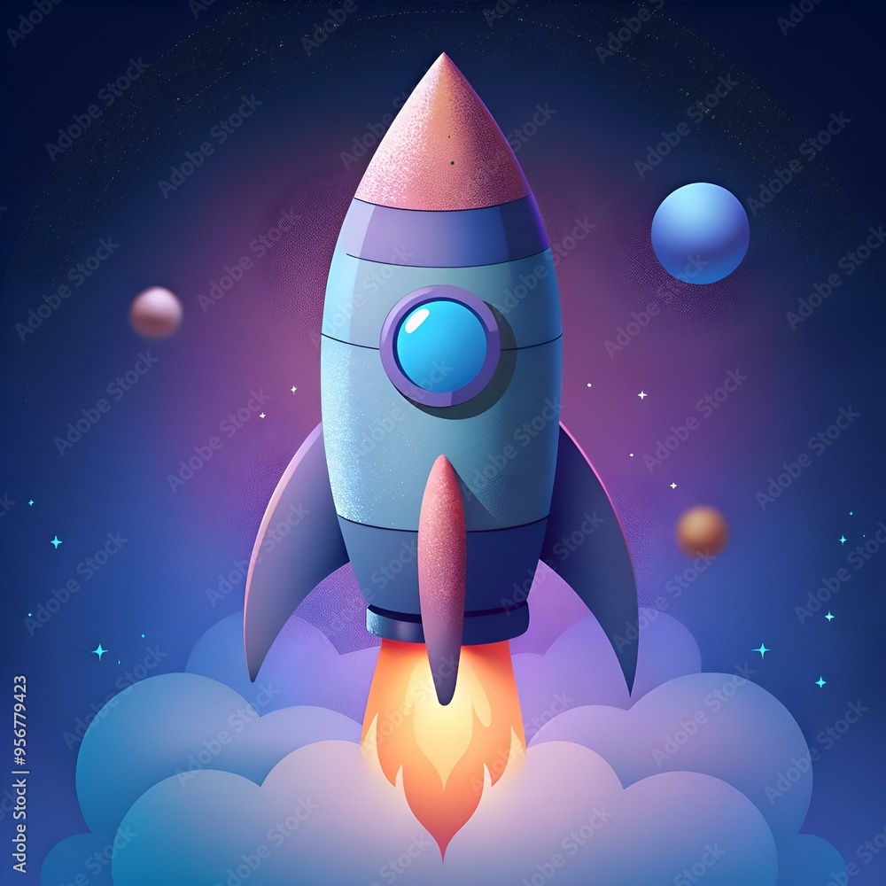 Poster a charming and vibrant 3d illustration of a rocket taking off into space. perfect for adding a fun a