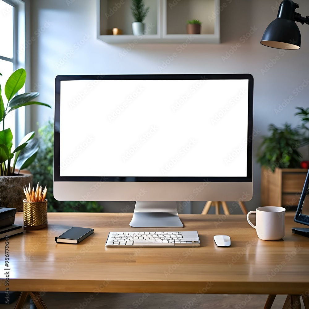Poster a clean and modern workspace with a blank computer screen. perfect for showcasing your product or we