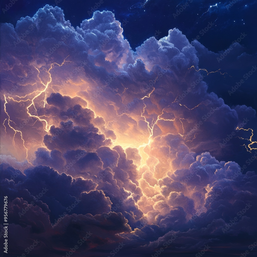 Poster Dramatic lightning strikes illuminate a massive storm cloud against a dark sky.