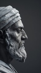 3D Sculpture, Bust of Rumi in Profile with Dramatic Lighting, Ancient Wisdom, Philosophy and Sufism. Copy Space for Inspirational Text or Quotes