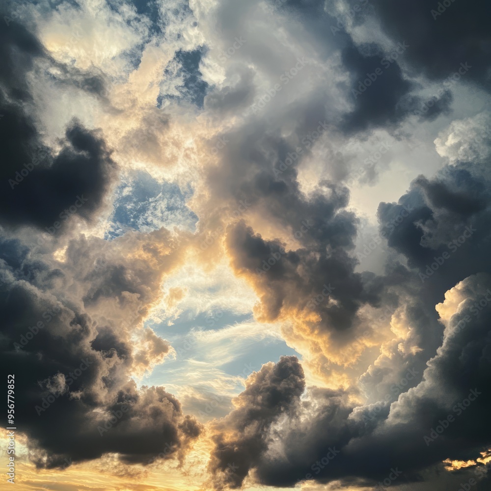 Canvas Prints Dramatic sky with dark clouds and a glimpse of blue sky and sun.