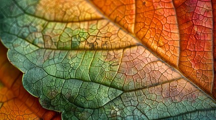 Obraz premium Close-Up of a Leaf's Veins Transitioning from Green to Orange