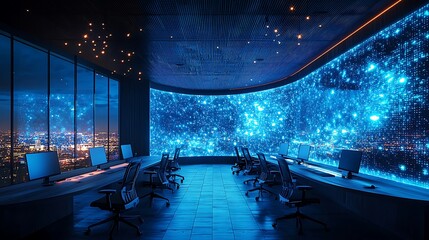 A futuristic office with blue lights glows against the cityscape at night, embodying modern luxury.