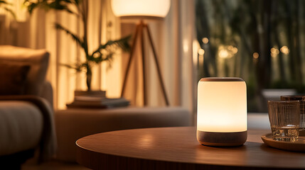 A multifunctional smart speaker with integrated lighting and voice control, ideal for a small living space 
