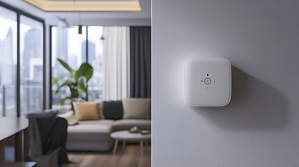 A compact smart home hub mounted on a wall in a small apartment, controlling various devices efficiently 