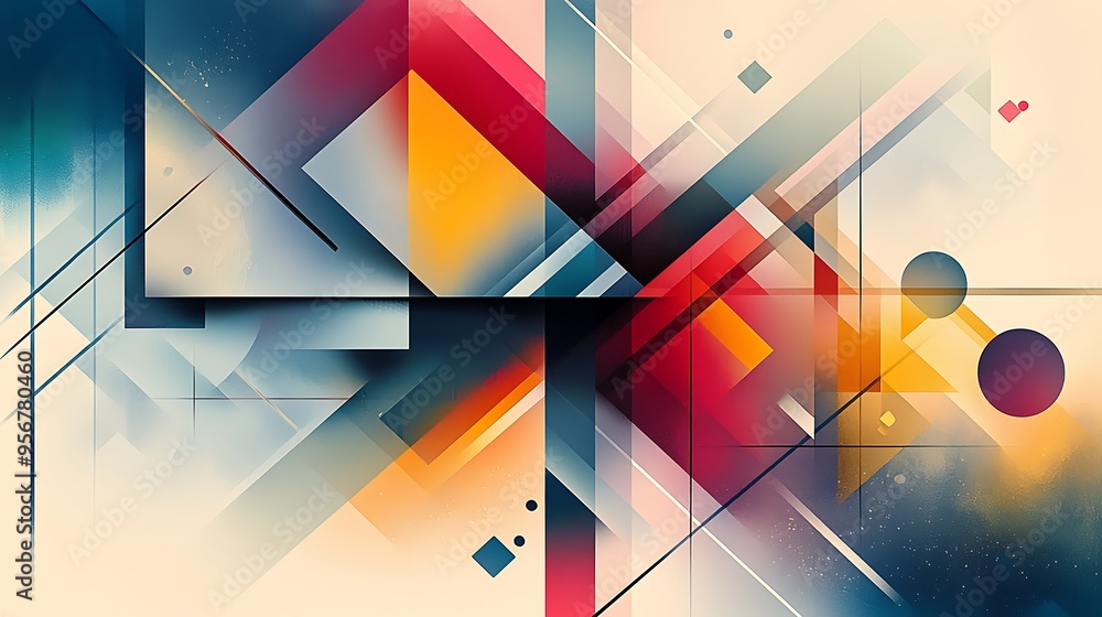 Poster overlapping shapes and lines form a complex, abstract geometric pattern, full of movement.