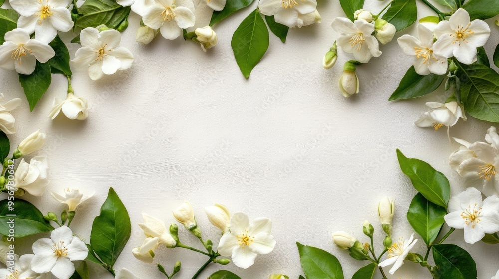 Poster jasmine flowers framing the top with ample space below for text on a plain background.