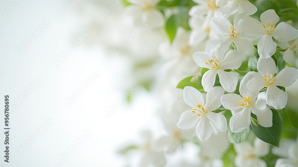 Poster jasmine flowers in soft focus with ample white space to the left, ideal for adding inspirational tex