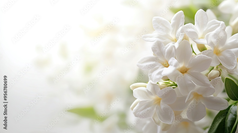 Poster jasmine flowers in soft focus with ample white space to the left, ideal for adding inspirational tex