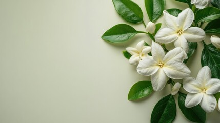 Fototapeta premium Jasmine flowers with green leaves on a pale background, offering space for text on the top right.