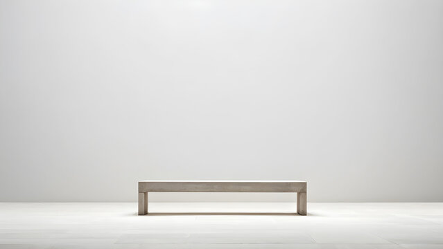 empty table stand in a large white hall, bench in the studio