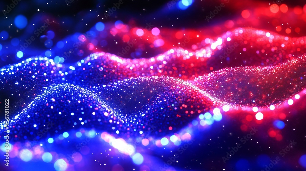 Poster in an elegant style with glossy smooth curves, abstract particles, futuristic background and glow of