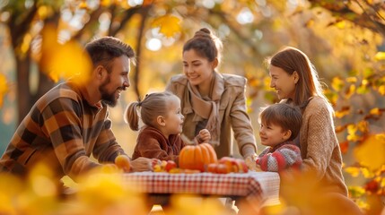 Friends and family with children gather outdoors for a cozy thanksgiving meal, surrounded by autumn colors and warm sunlight