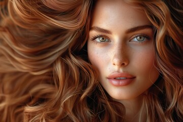 Naklejka premium Beautiful redhead woman with luxurious, ginger hair extensions, volume, soft waves and a natural look. Beauty, hair care, and Hairdressing, Hairdresser Salon. 