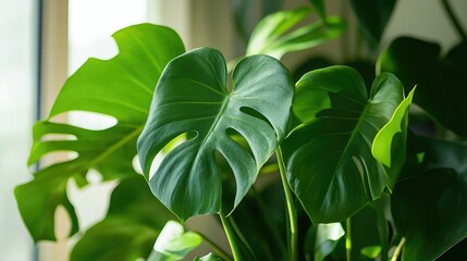 Obraz premium Lush philodendron leaves in a natural, indoor setting, perfect for a tropical and refreshing environment.