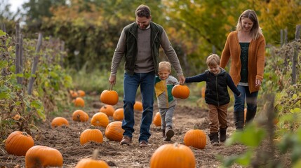 Family happily exploring a pumpkin patch on a crisp autumn day, picking perfect pumpkins to carve, sharing love and togetherness in a festive atmosphere