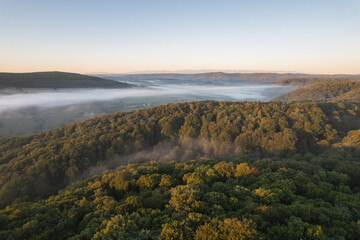 Aerial scene above the forest on Via Transilvanica. Foggy landscape above the green oak trees	

