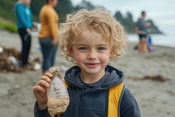 A young boy is standing on a beach holding a plastic bottle with sand covering it, symbolizing environmental awareness and the importance of beach clean-up activities.
