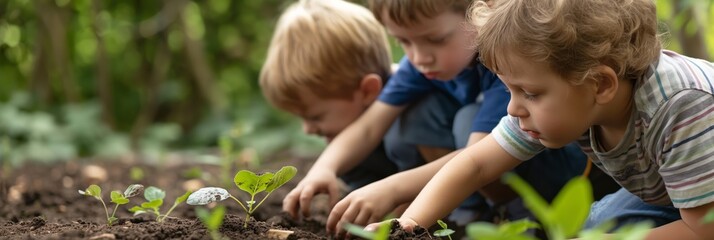 Three young children are deeply engaged in exploring and planting sprouting plants in the soil, signifying curiosity, growth, and hands-on learning in a natural outdoor environment.